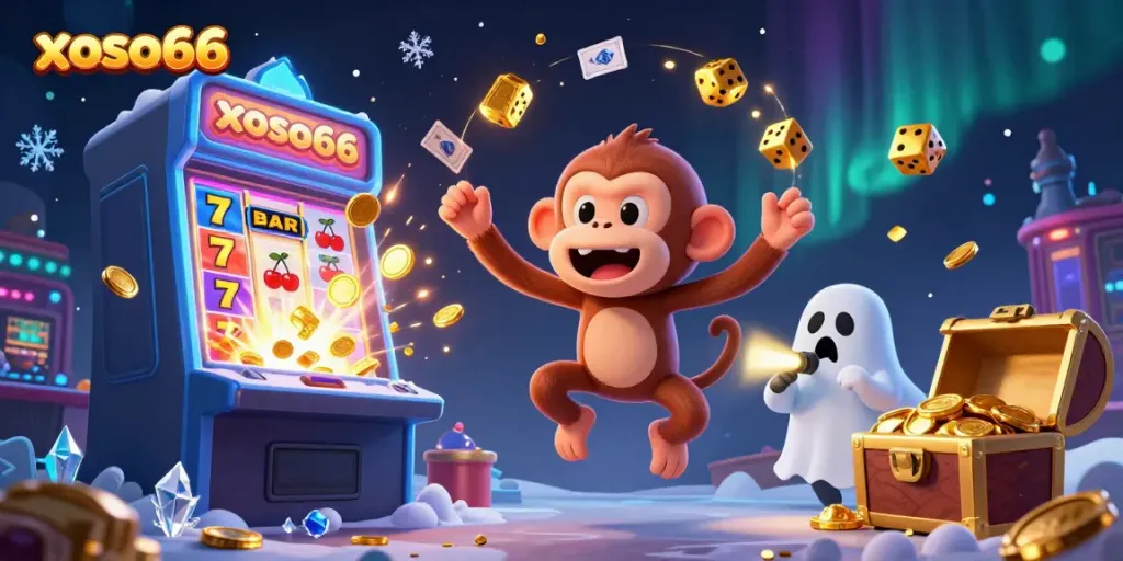 Experience the excitement at xoso66 as a mischievous poltergeist monkey juggles casino treasures in a thrilling scene.