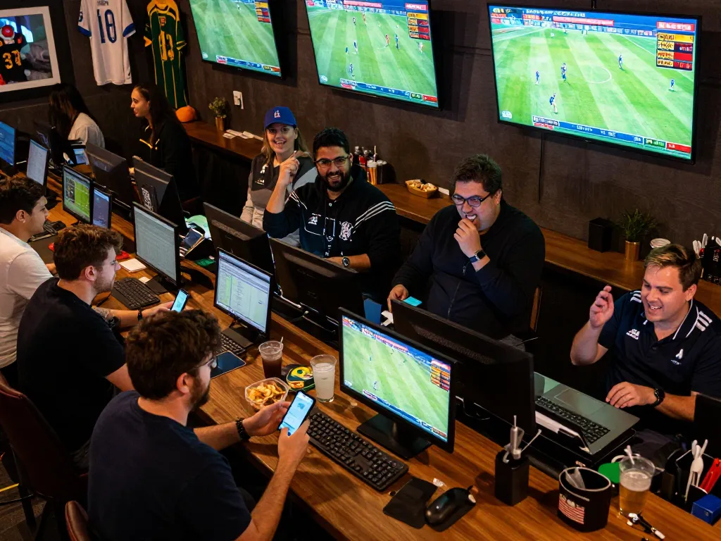 Engaging in bóng đá kèo nhà cái betting with friends as live odds and games unfold in lively sports bar.