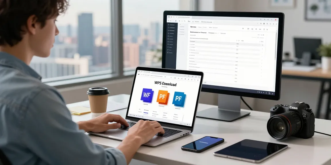 WPS Download in a vibrant digital workspace with modern tech setup.
