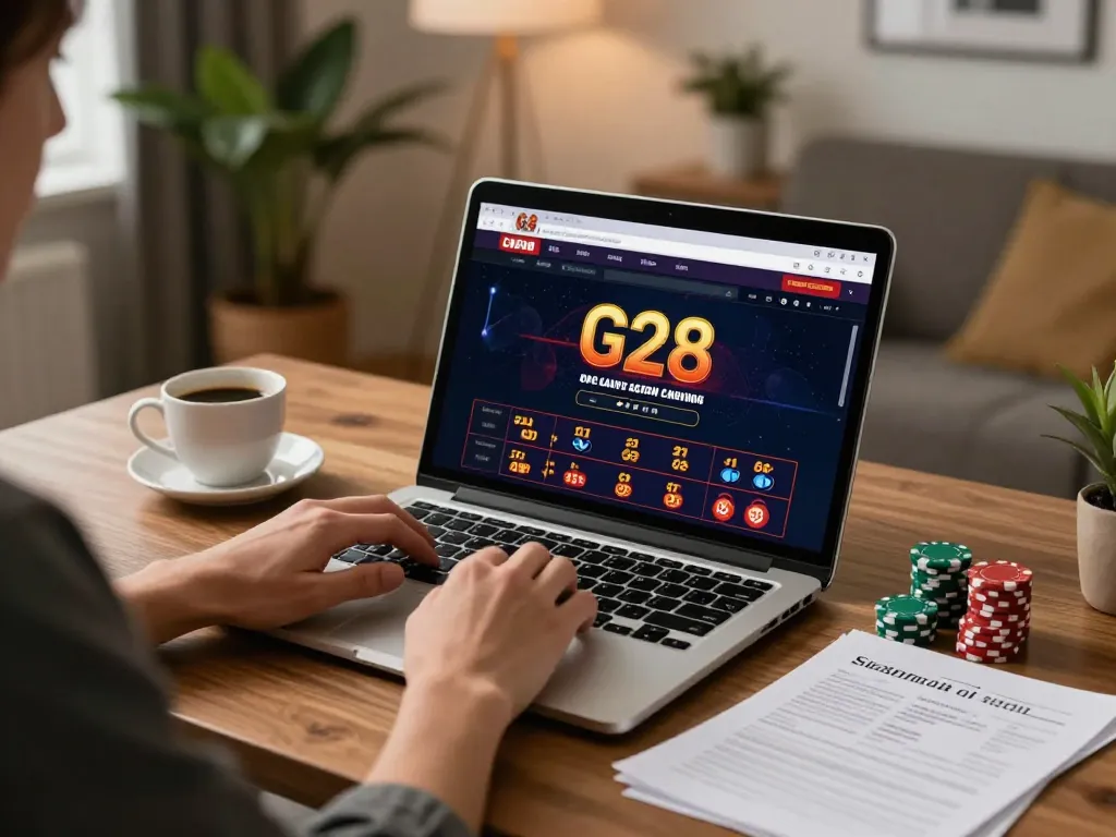 Engaging online gaming experience at G28 with a player analyzing strategies on a laptop.