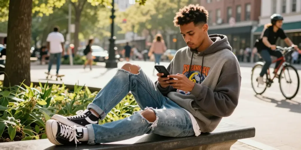 Panská síla v městském stylu, muž v moderním streetwearu relaxuje v parku.