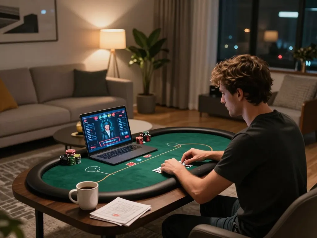 Player strategizing on TR88 online poker platform while enjoying comfortable home setting