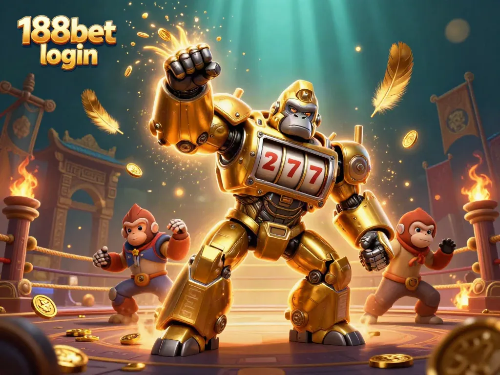 Engage with thrilling casino action at 188bet login, featuring a dynamic golden gorilla mech surrounded by vibrant gaming elements.