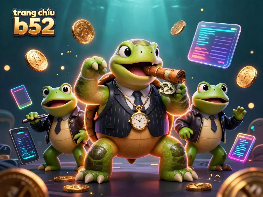 Experience the excitement of trang chủ b52 featuring a snapping turtle in a mobster suit surrounded by crypto coins.