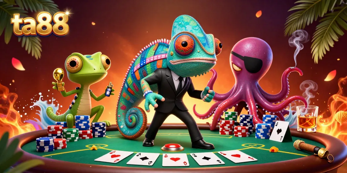 Experience thrilling poker action with ta88 and characters in a vibrant casino atmosphere.