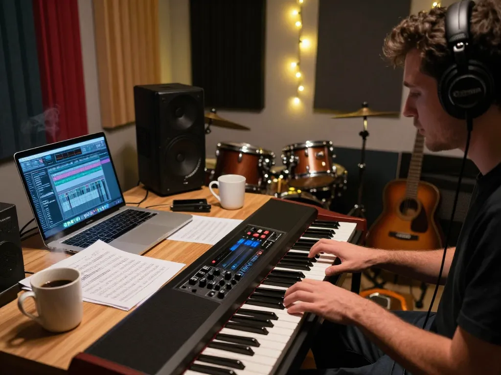 Musician immersed in creative process with VK88 organ in a cozy studio setting
