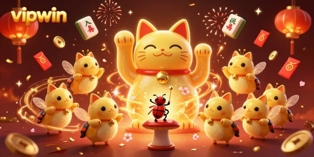 Experience the vibrant allure of vipwin with golden fireflies and dynamic casino symbols in a rich 3D casino scene.