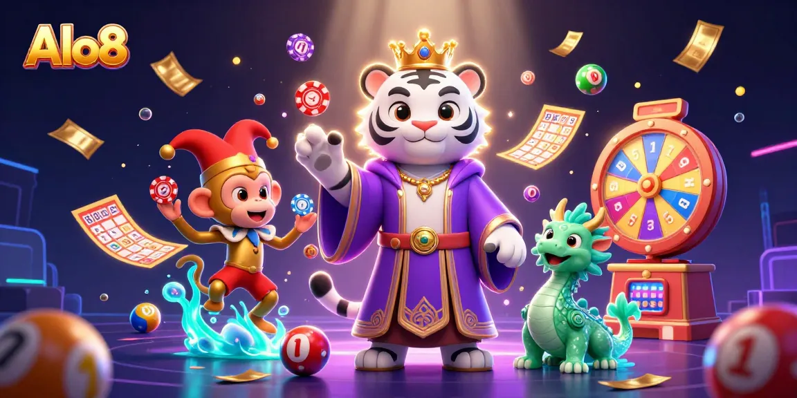 Play the exciting rewards at Alo8 amid vibrant lottery elements and engaging characters.