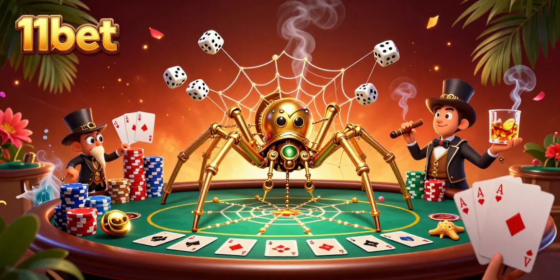Experience the thrilling world of 11bet with a steampunk spider and poker elements in this vibrant scene.