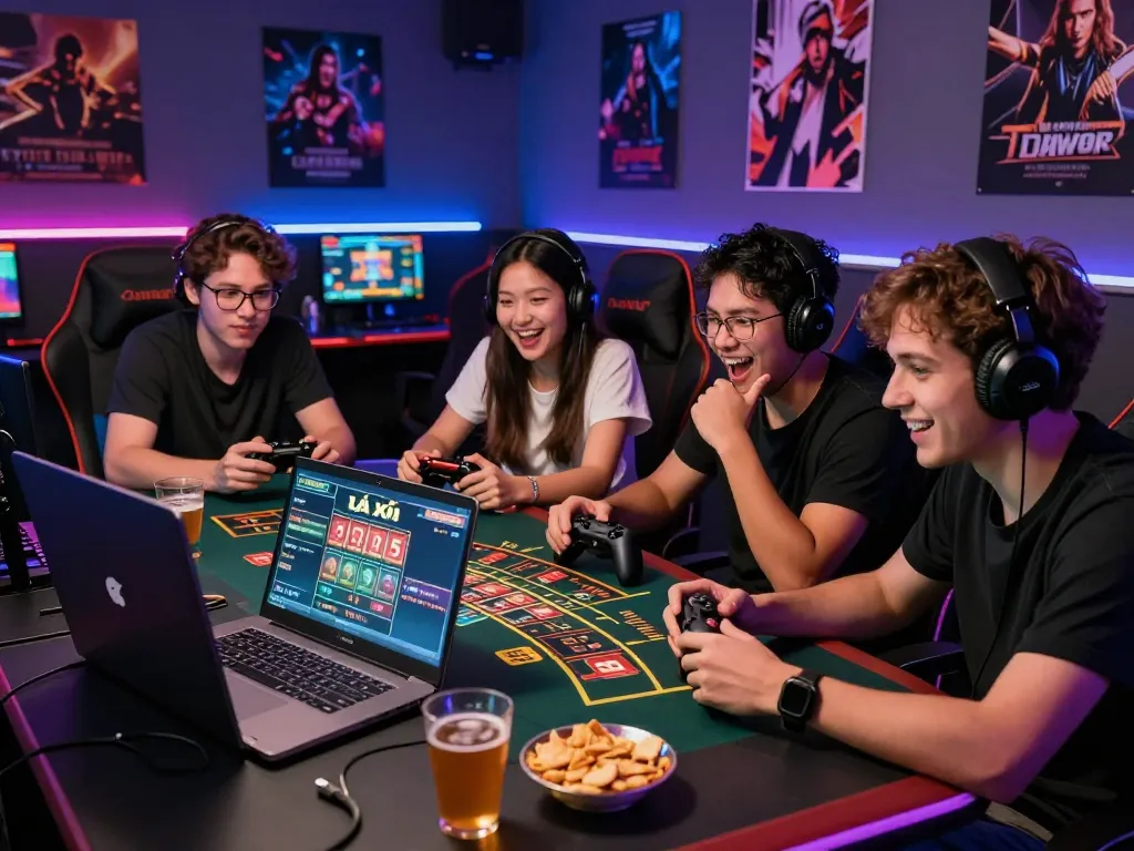 Friends immersed in an exciting game of tài xỉu md5, enjoying snacks and drinks in a vibrant gaming setup.