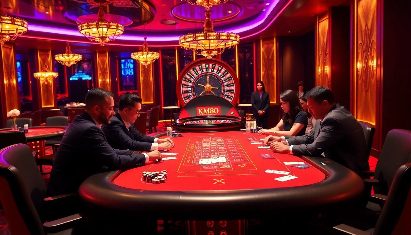 Experience the thrill of km88 with players at an upscale poker table in a luxurious casino environment.