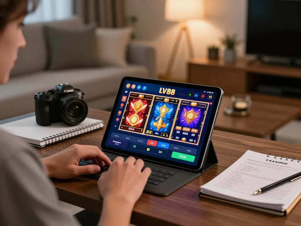 Player using LV88 app on tablet in cozy home setting, capturing online gambling excitement.