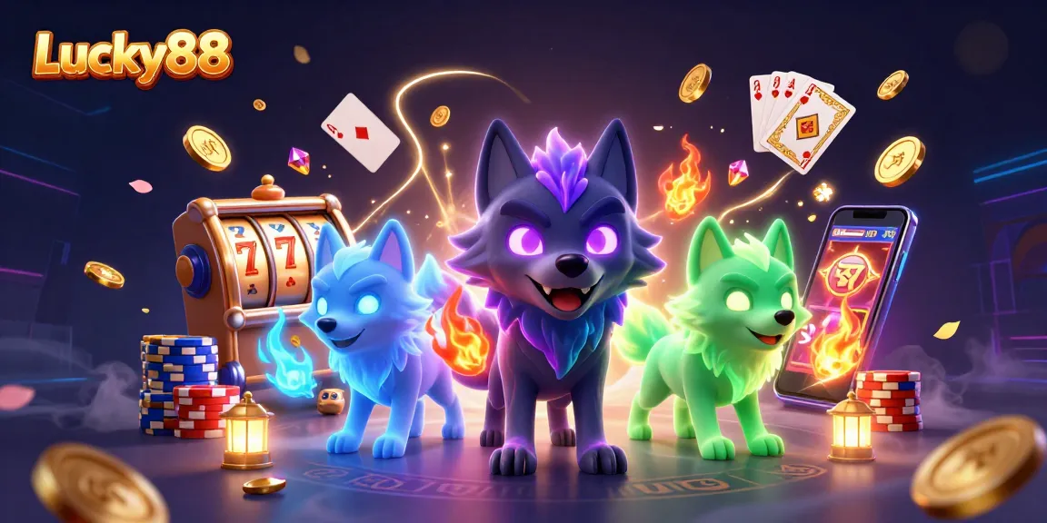 Experience excitement with Lucky88 as mystical wolves lead a vibrant casino scene, showcasing slot reels and poker chips.