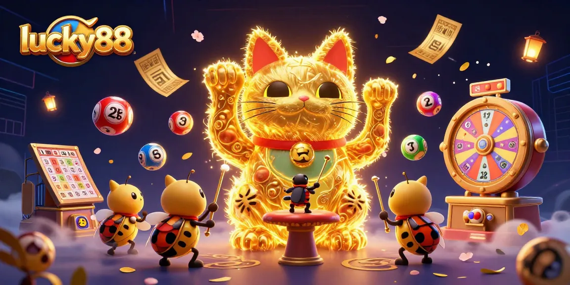 Engage with lucky88 in an ultra-detailed 3D illustration showcasing dynamic lottery elements and the vibrant lucky cat.