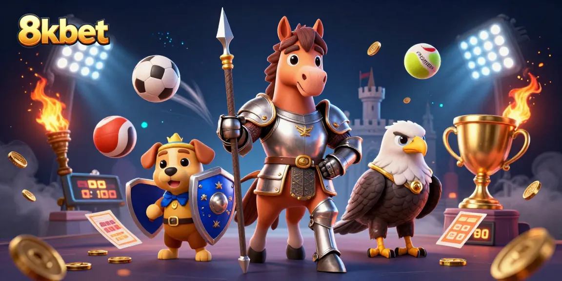 Engage with 8kbet as knights compete in a vibrant gambling arena filled with gold coins and exciting sports elements.