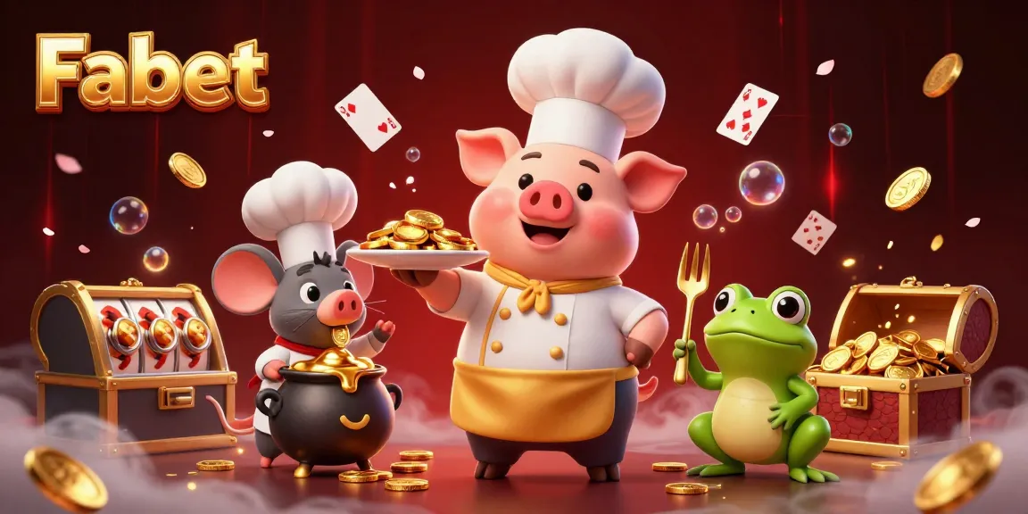 Join the festive Fabet promotional scene featuring a chef pig, mouse, and frog in a casino.