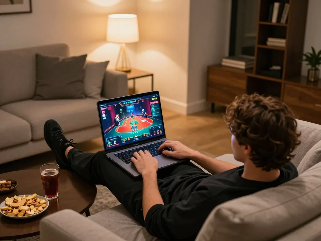 Player enjoying LC88 online poker game in a cozy home setup focused on strategy and leisure