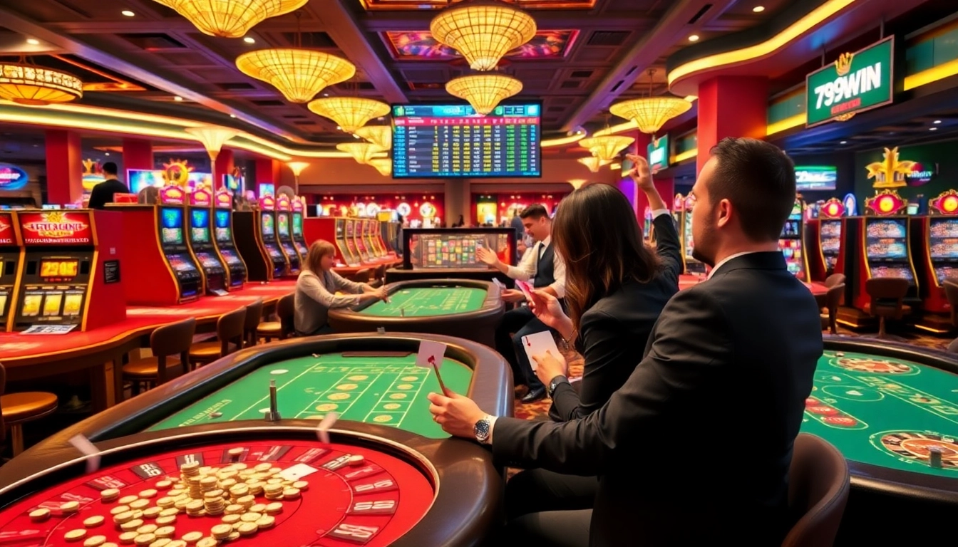 Players enjoying a vibrant casino experience with 789win branding visible on gaming tables and slot machines.