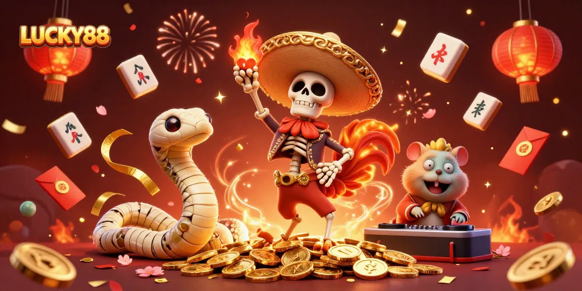 LUCKY88 highlights thrilling moments of victory with dynamic casino-themed characters and festive elements.