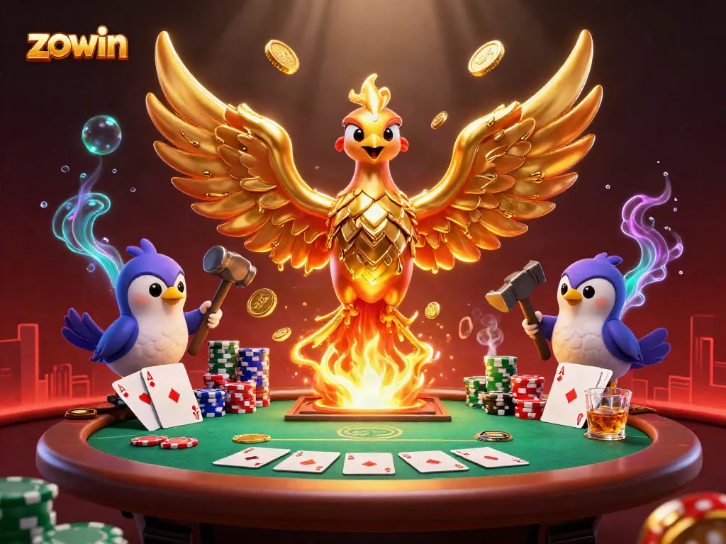 Zowin offers thrilling poker action with a golden phoenix symbolizing fortune and luxury.