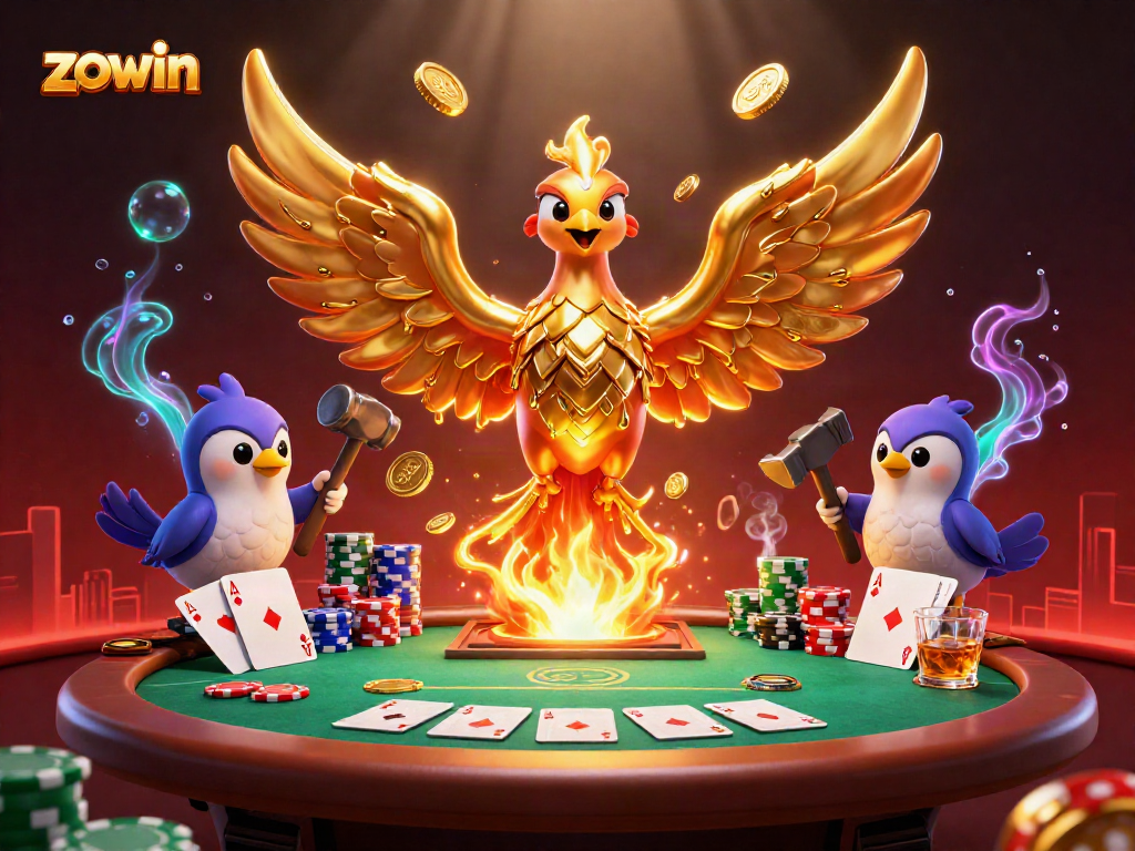Zowin offers thrilling poker action with a golden phoenix symbolizing fortune and luxury.