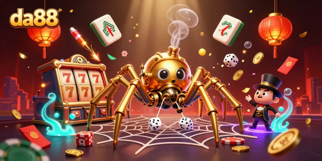 Experience the thrill of da88 with a lively steampunk spider scene capturing luck and excitement in a dynamic casino environment.