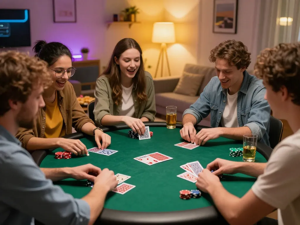 Friends enjoying a poker night using 888now for immersive gaming strategy and social fun.