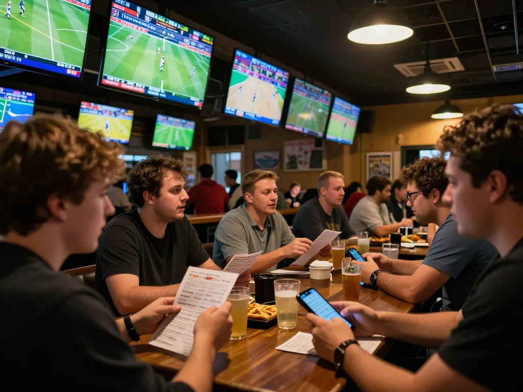 Patrons engaged in thrilling sports betting at TR88, with lively atmosphere and multiple screens showing events.