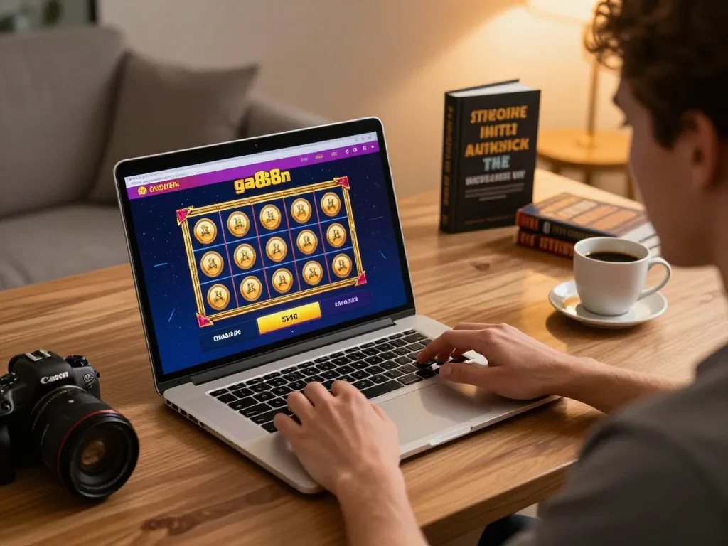 Player engaged with ga888n online casino platform on laptop in cozy home office