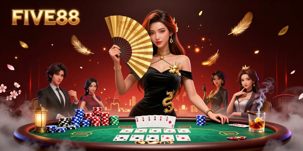 Experience the thrill of FIVE88 with captivating poker gameplay and elegant design, featuring a stunning Asian woman.