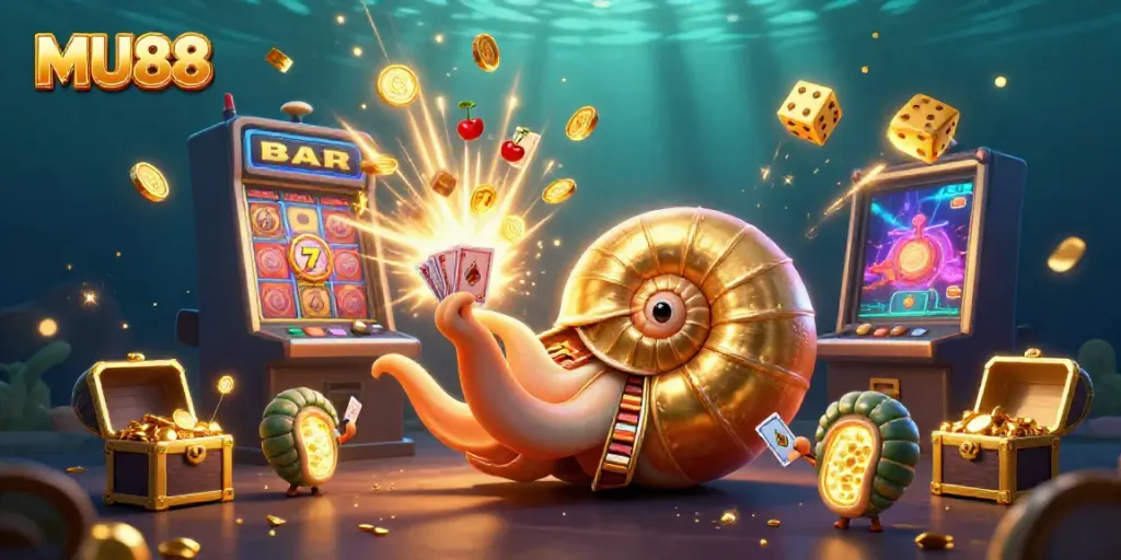 Spin the roulette wheel with MU88's giant nautilus and winning slot machine scene, bursting with excitement.
