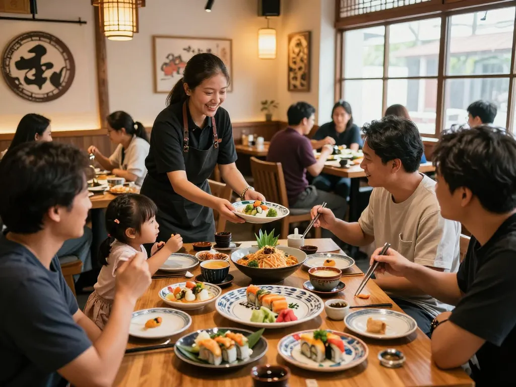 Diners enjoying vibrant dishes at RED88 restaurant with warm ambiance.