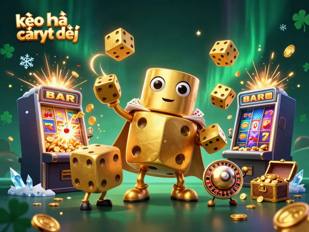 Engage with kèo nhà cái trực tiếp in this vibrant 3D scene of a golden dice golem and casino symbols.