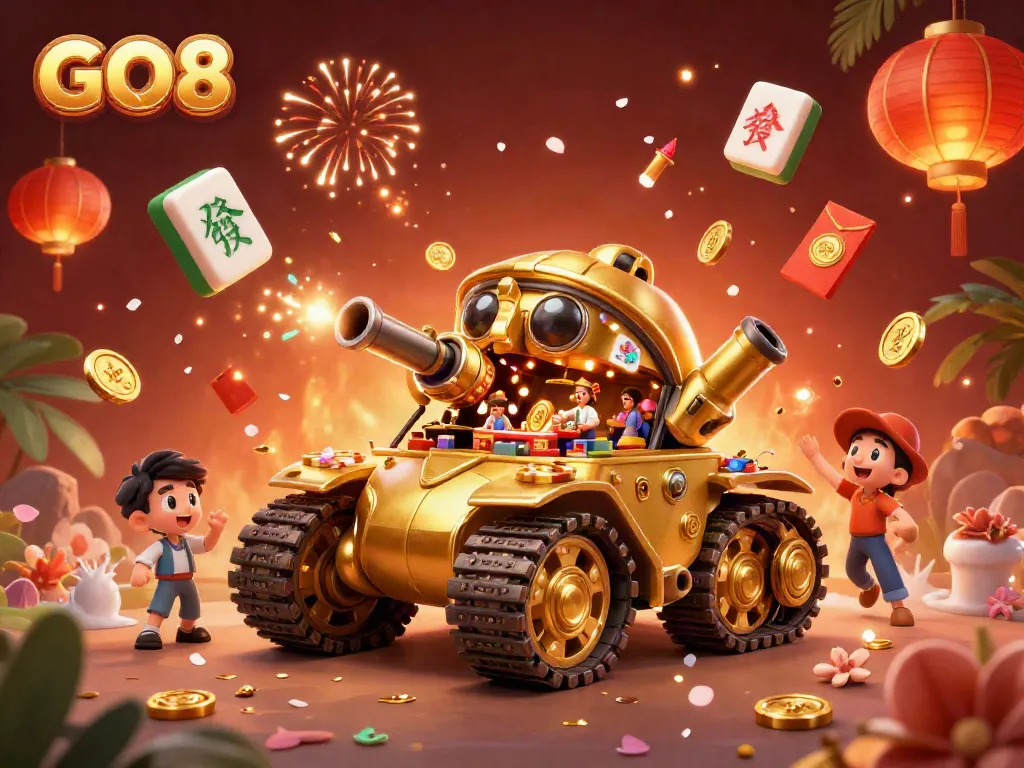 Experience excitement with the GO8 casino scene, featuring a golden beetle tank and lively game elements.
