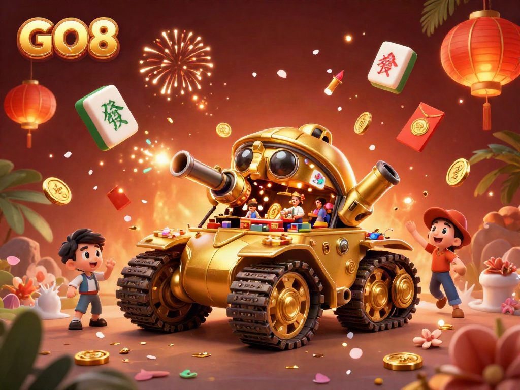 Experience excitement with the GO8 casino scene, featuring a golden beetle tank and lively game elements.