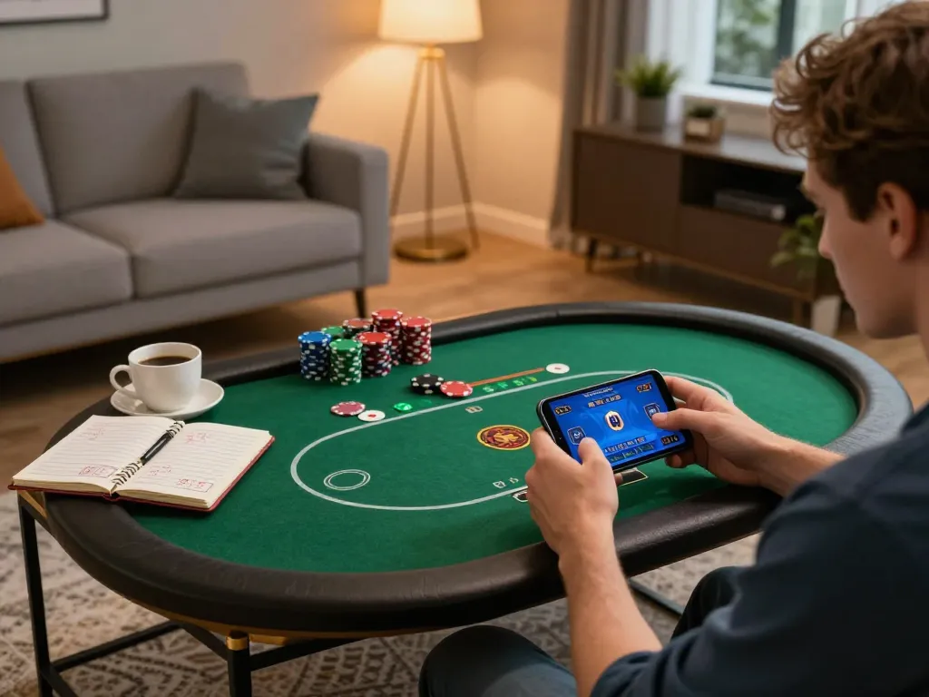 Mobile gaming experience with mm88br on smartphone, showcasing poker interface in a cozy home.