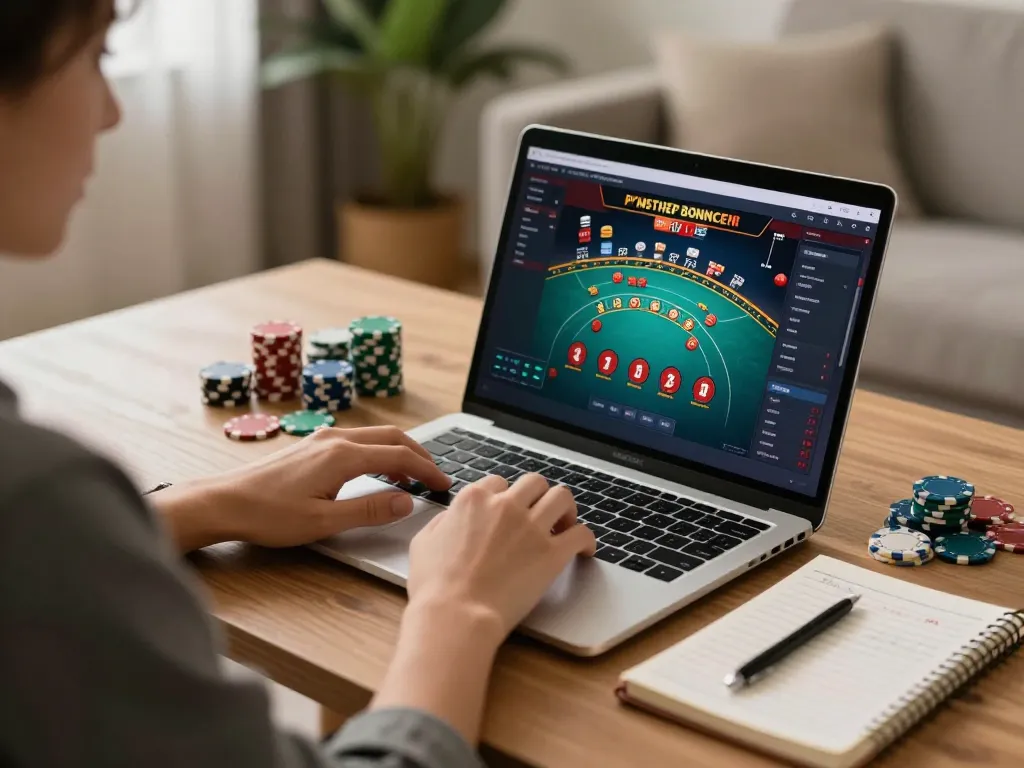 Player using QQ88 to enjoy online casino games while analyzing strategy notes