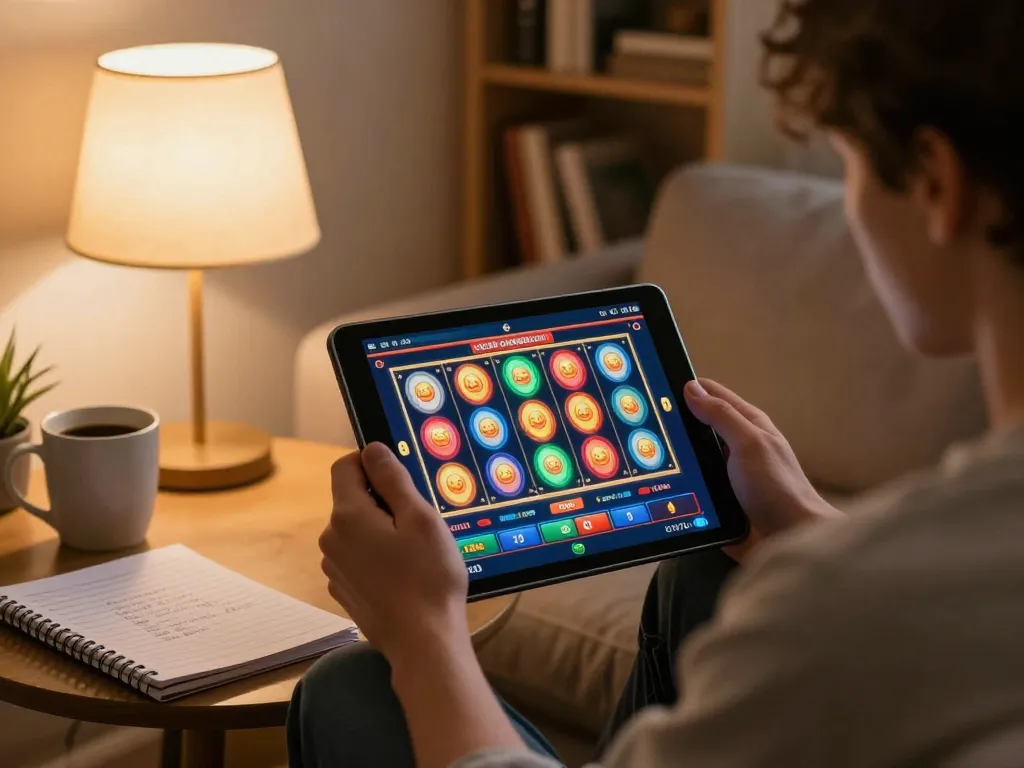 Engaging with Da88 online casino app on tablet, showcasing vibrant slot game action in a cozy setting