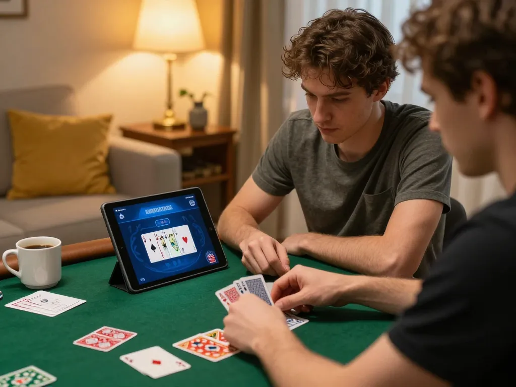 Engaging online poker session at home with 11win2 gameplay on tablet.