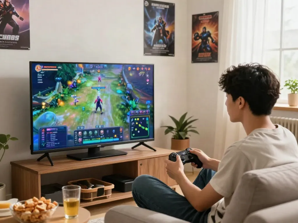 Player enjoying ROKOK88 offline game on a cozy couch, showcasing vibrant graphics and engaging atmosphere.