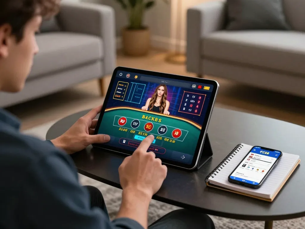 Player enjoying a live dealer game on SC88 app in a stylish home setting, showcasing responsible gaming.