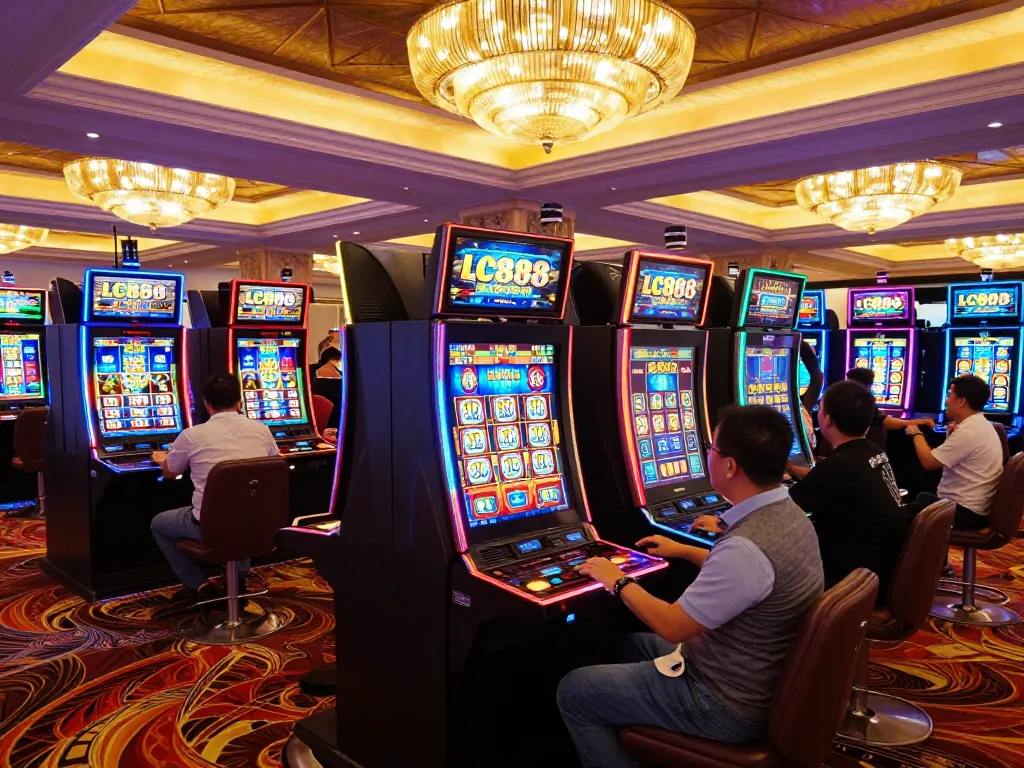 Players winning on vibrant slot machines at LC888 casino filled with excitement and colorful lights.