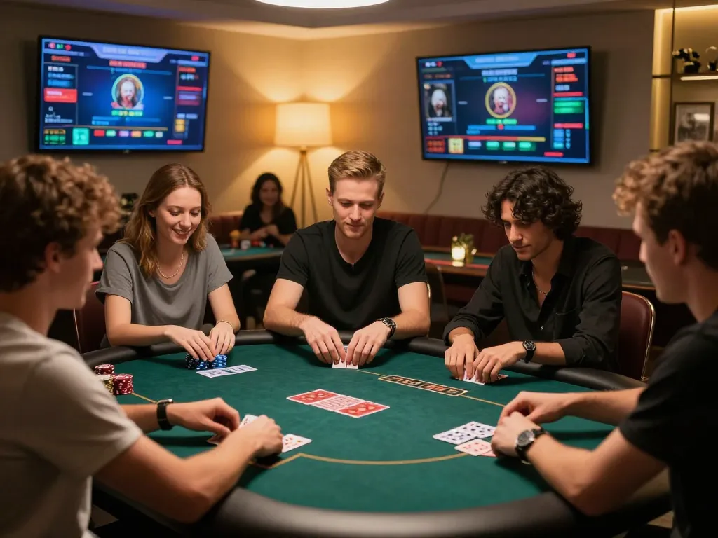 Players engaging in intense poker strategy at KKWIN online casino, showcasing high-stakes cards and warm lighting.