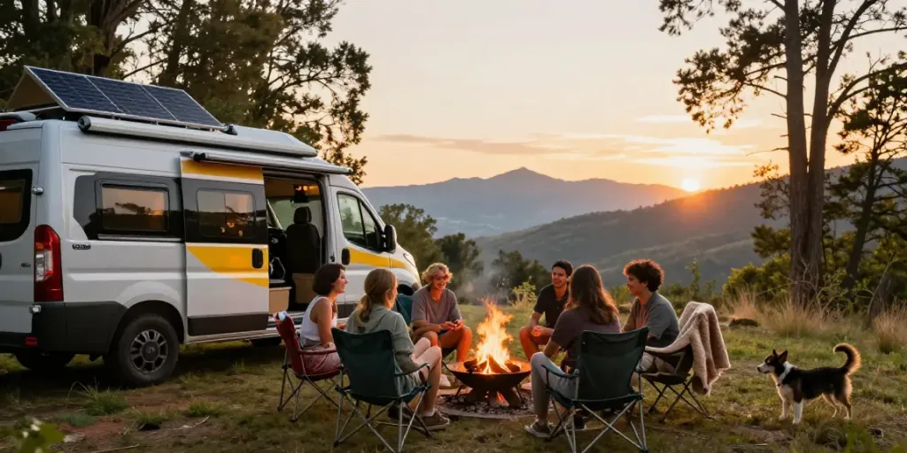 Enjoying van life around a cozy fire pit at sunset with rokok88 vibes.