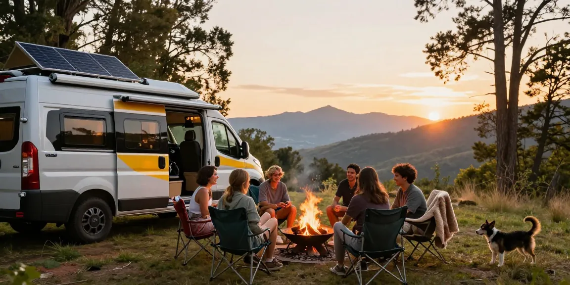 Enjoying van life around a cozy fire pit at sunset with rokok88 vibes.