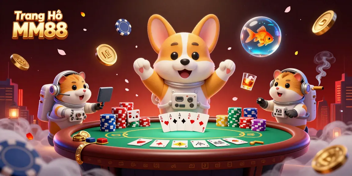 Experience the thrilling Trang Chủ MM88 online casino atmosphere with floating characters and vibrant gaming elements.