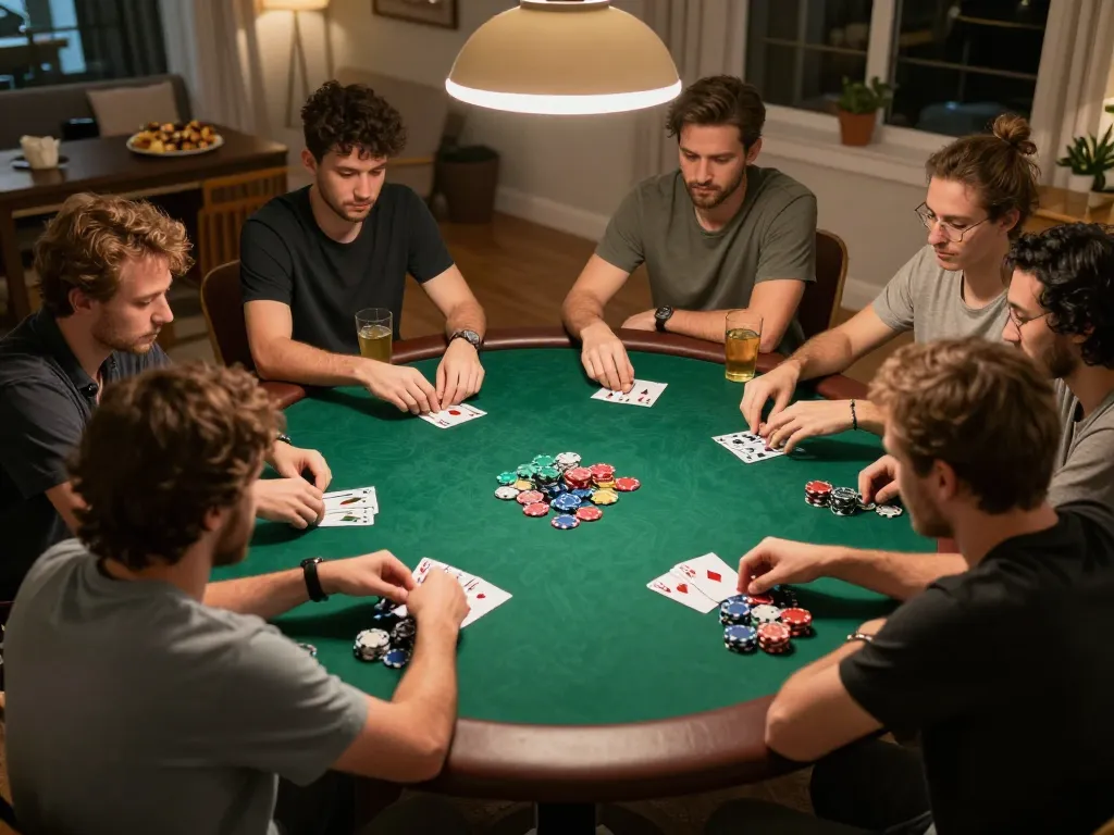 uk88 players enjoying a lively home poker game with colorful chips and focused strategy