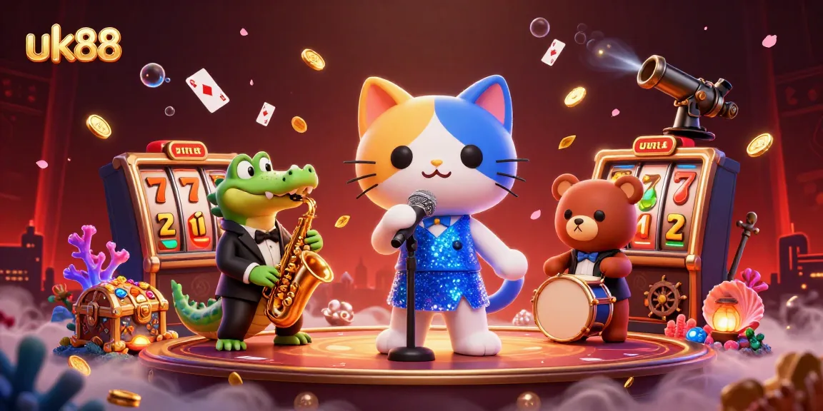 Experience the vibrant action of uk88 with a lively jazz-singer cat, crocodile, and bear in a colorful casino atmosphere.