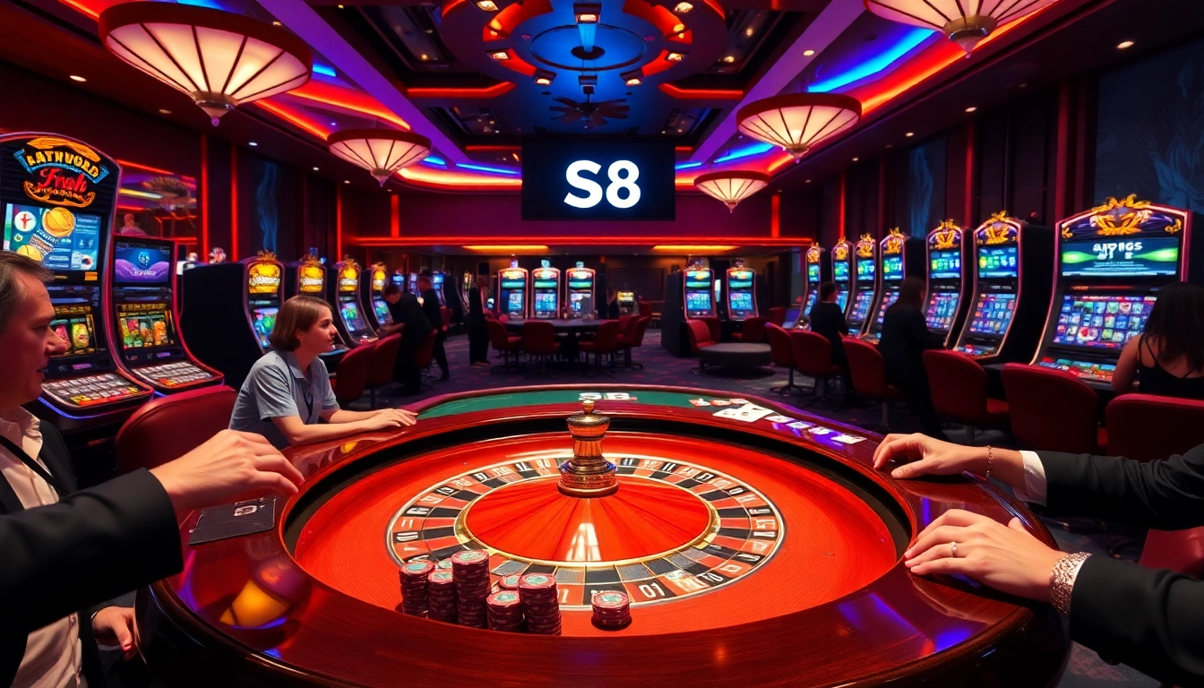 Engaging S8 gamblers playing poker at a casino table with vibrant chips and cards.