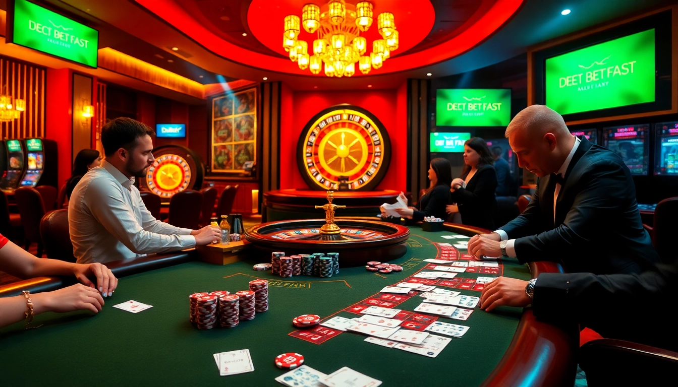 Experience the excitement of gambling at https://debet.fast/ with a luxurious casino scene featuring a blackjack table and roulette wheel.